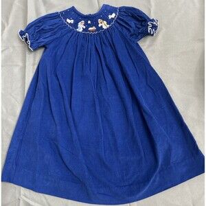 Southern Sunshine Girls Blue Corduroy Smocked Nativity Scene Bishop Dress Sz 3
